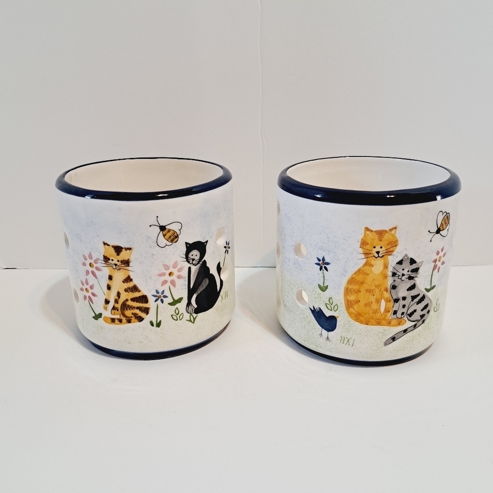 Creatively Yours Folk Art Kitty Cat Garden Large‎ Candle Holder Set of 2
